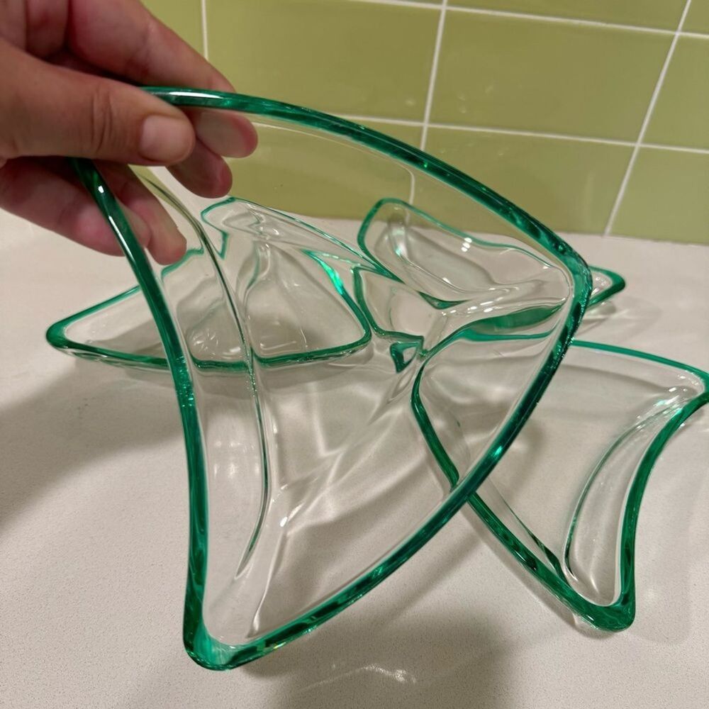 Vintage Green Flashed Edge Boomerang Glass Dishes — Set of 4 - Picture 5 of 9